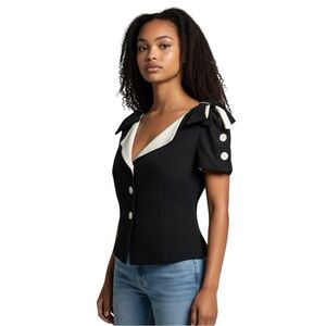 Valentino Vintage Black Dark Navy Blue and Cream Buttons Bows Nautical Top